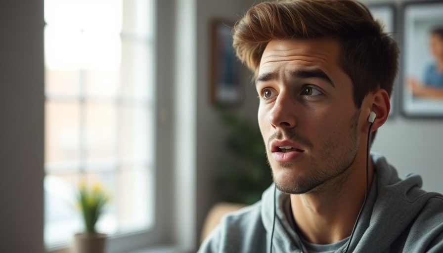 Young man speaking with earbuds, casual indoor setting.