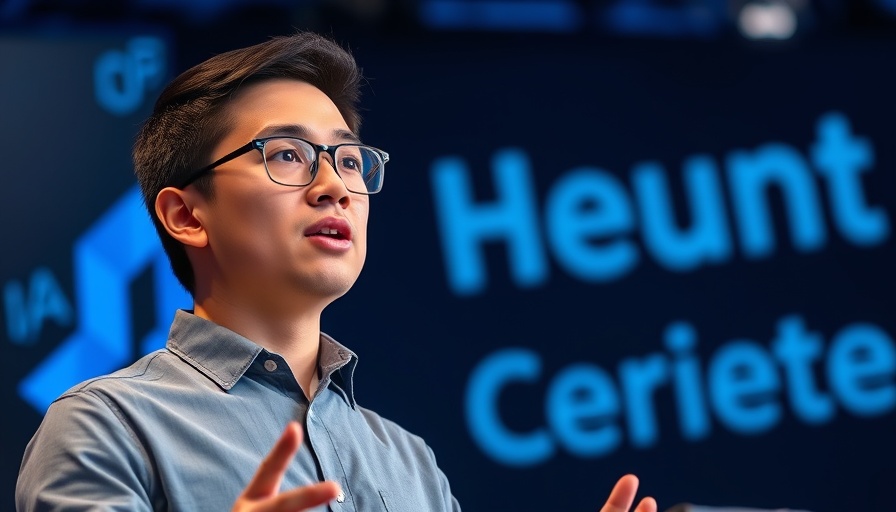 Confident young man at conference, discussing AI bubble investment strategies.