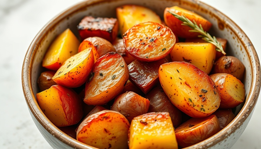 Delicious roasted red potatoes with herbs in a ceramic bowl