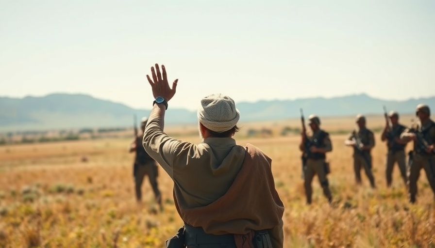 Farmer surrenders to armed soldiers in a field, illustrating the impact of Trump's migrant crackdown on local businesses.