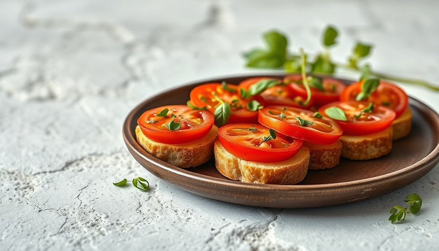 Tomato Sandwich Crostini on a rustic plate surrounded by stone texture.