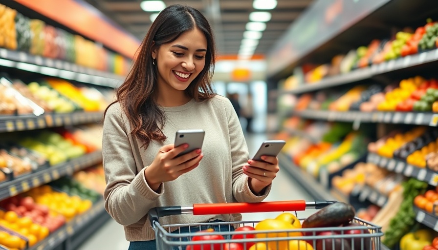 Grocery shopping budget hack: Woman uses smartphone while shopping.