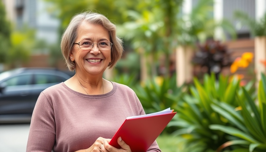 Middle-aged woman in garden holding a red folder, related to property tax speculation.