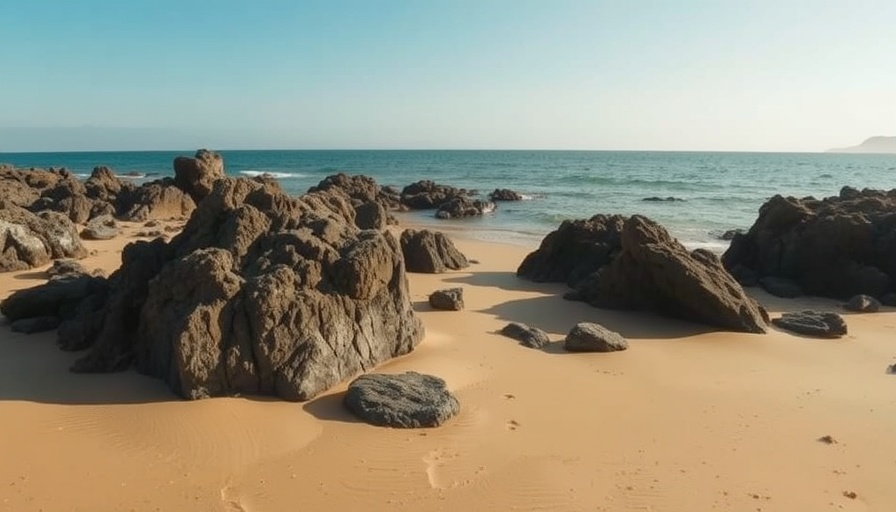 Serene beach landscape with rocks, related to Robin Rigg Community Fund.