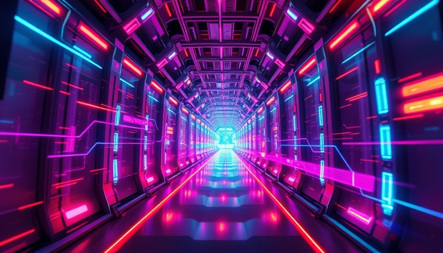 Futuristic energy flow in a digital corridor with glowing colors.