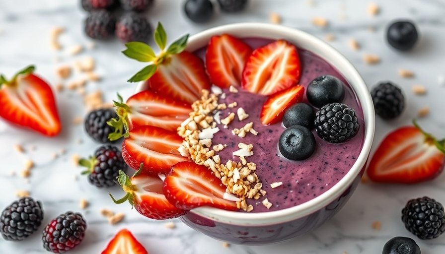 Protein-packed acai bowl with fruits and granola, top view.