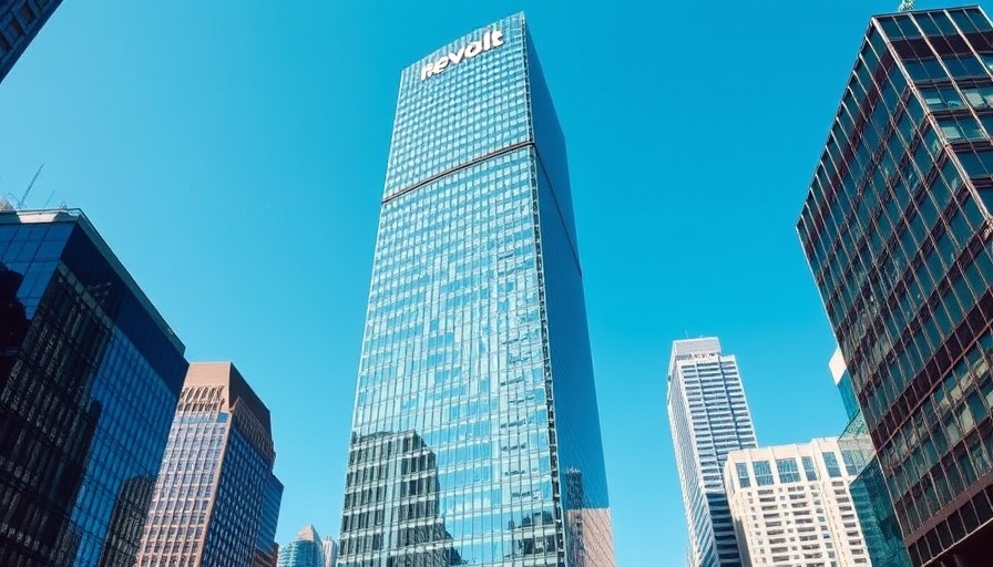 Revolut's glass skyscraper amidst urban high-rise, reflecting blue sky.