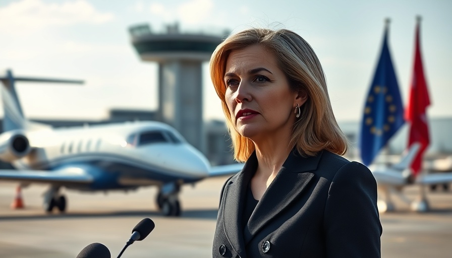 Government official addresses Russia GPS sabotage claim, airplane in airport backdrop.