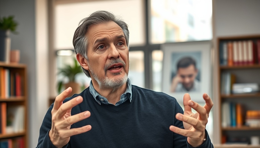 Animated middle-aged man discussing business finances.