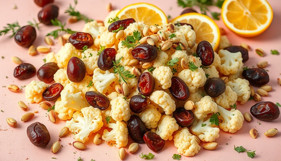 Cauliflower Salad with Dates & Pistachios in a white bowl.