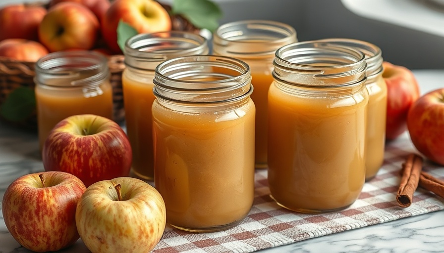 Homemade crockpot applesauce in jars with apple and cinnamon.