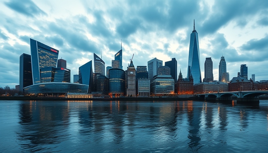 London financial district skyline at dusk, reflecting in river, High-Value Mortgages UK.