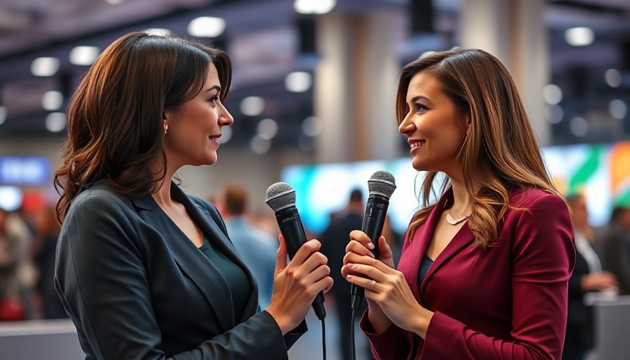 Two women interviewing in a lively indoor event.