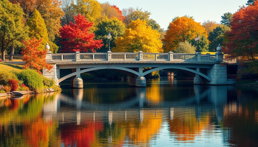 Iconic bridge in a city park with autumn trees and river.