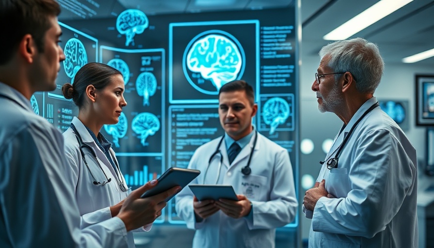 Healthcare professionals examining brain scans with AI data visualization.