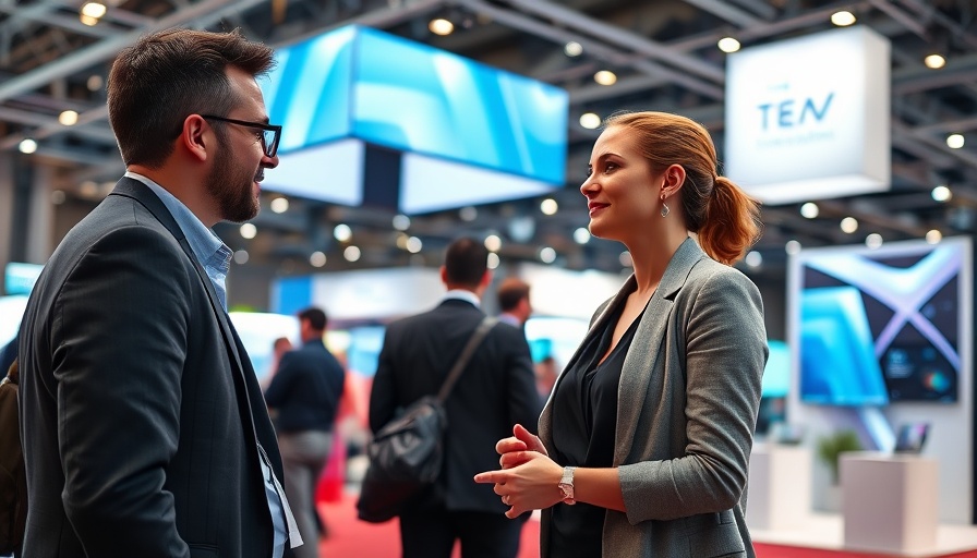 Businesswoman at exhibit at TechCrunch Disrupt 2025 engaging with attendee.