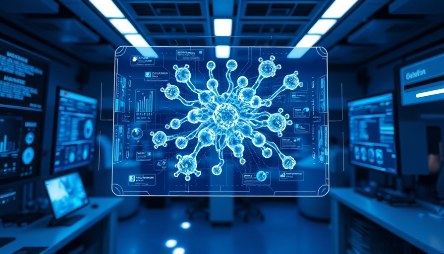 Futuristic AI-driven drug discovery interface in a high-tech lab.