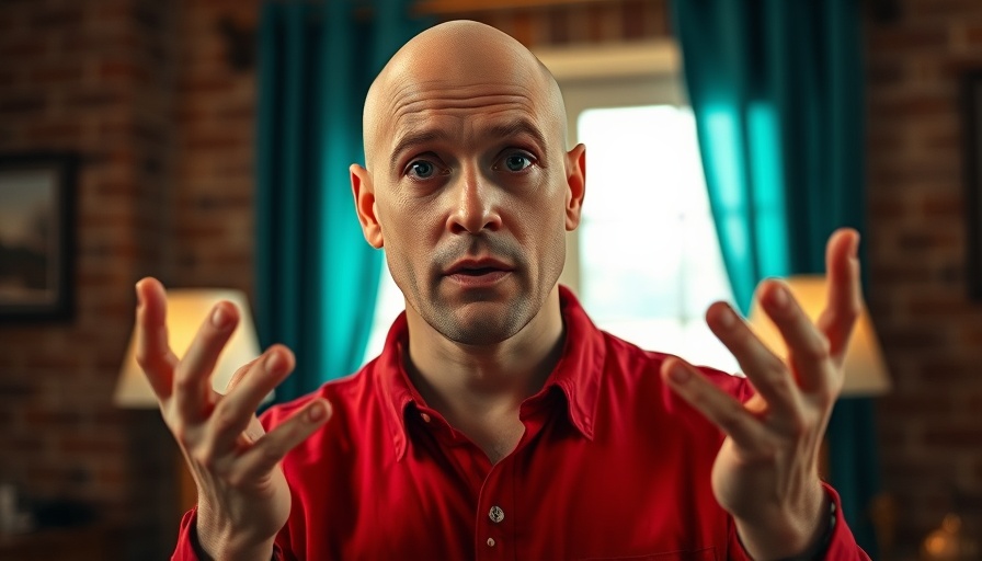 Man in red shirt gesturing, questioning, warm indoor setting.