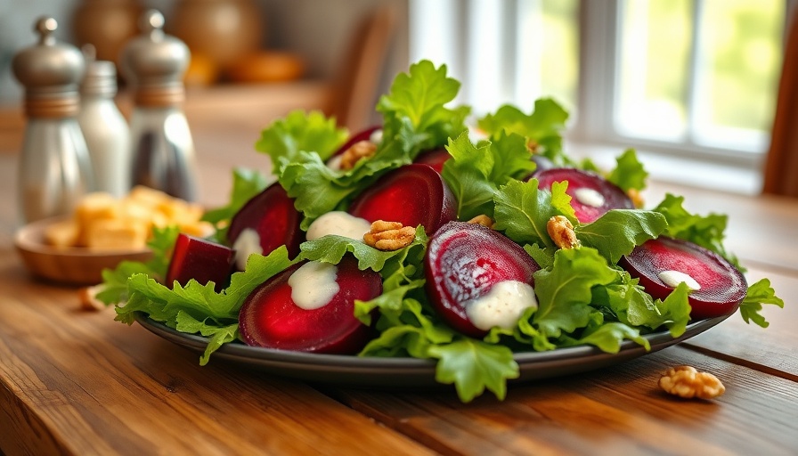 Mustard greens salad with roasted beets on rustic table.