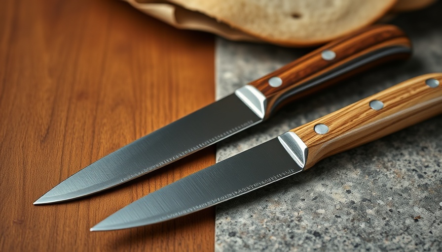 Two serrated bread knives with wooden handles on contrasting surfaces.