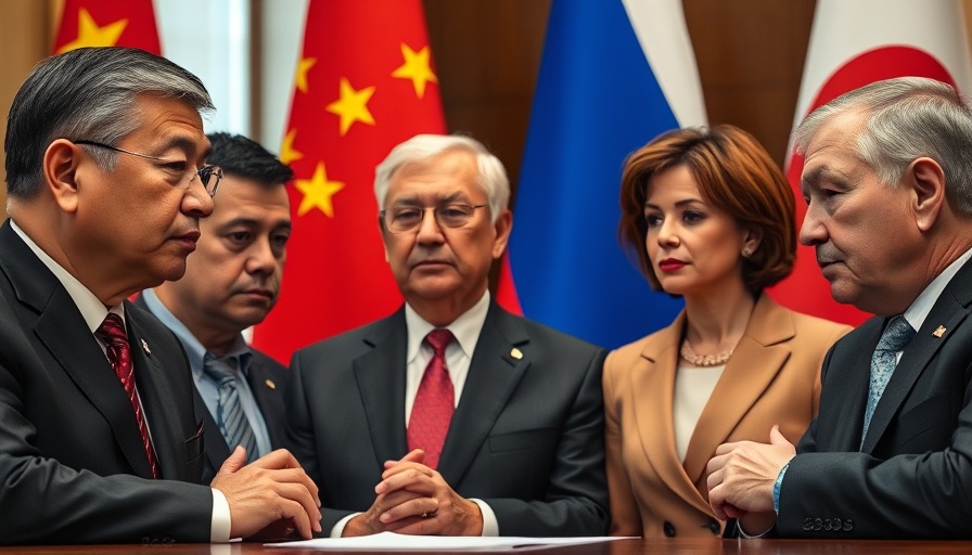 International leaders discuss foreign policy amid flags representing China, India, Russia.