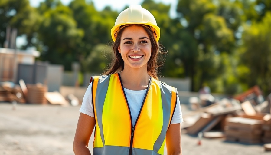 Young woman in a high visibility vest smiling outdoors, related to UK property tax system.