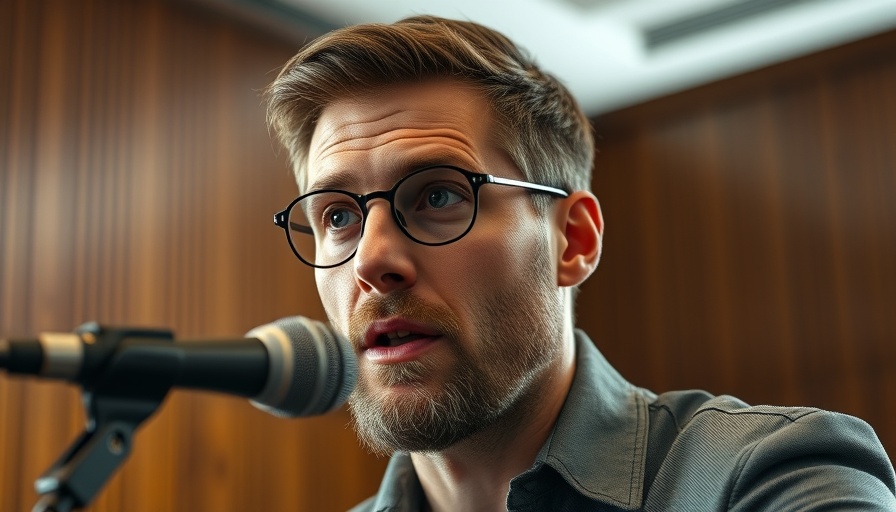 Focused male discussing scrutinizing reform policies indoors, soft light.