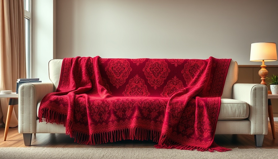Big Blanket Co. Original Stretch Blanket in red with white patterns on sofa.