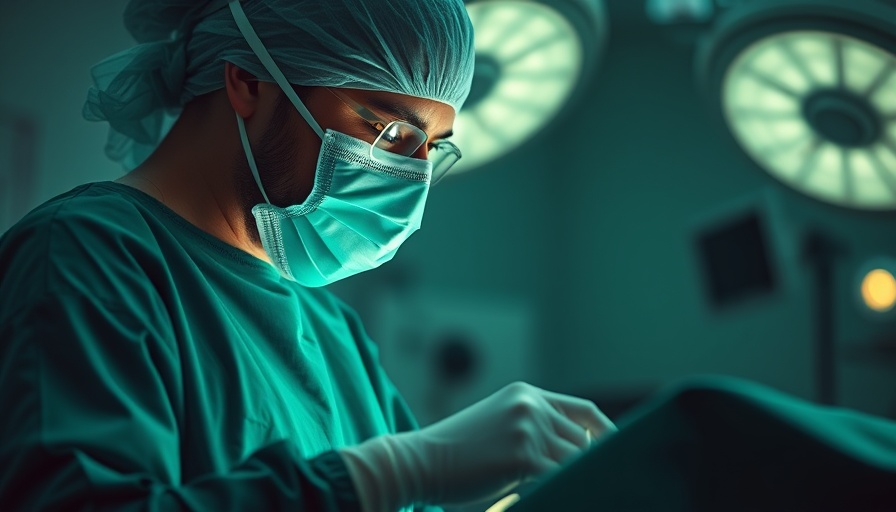 Stylized surgical scene depicting medical concepts.