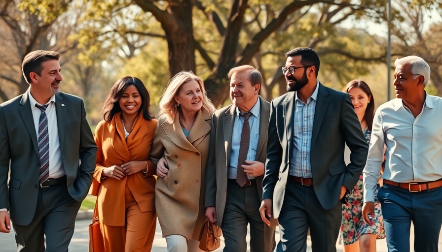 Diverse leaders walking and conversing outdoors, symbolizing unity and collaboration.