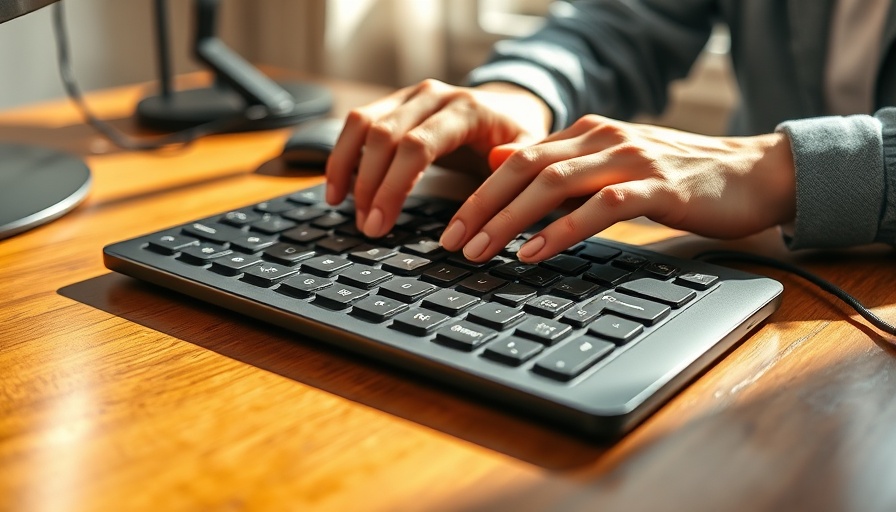Close-up of hands using a solar-powered wireless keyboard on a wooden desk.