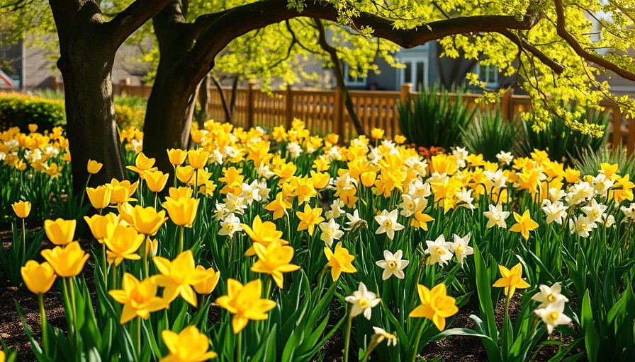 Vibrant garden with tulips and daffodils; best times to buy bulbs.