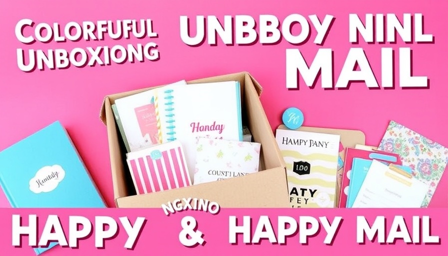 Colorful Happy Mail and Budgeting materials on gradient background.