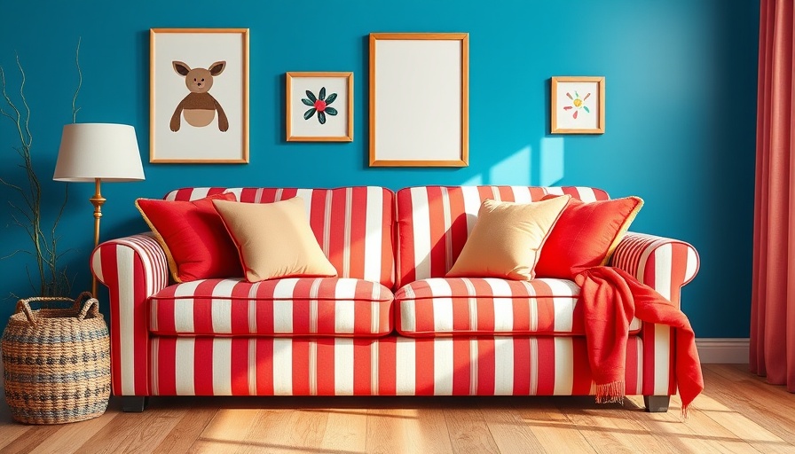 Red accent home design winter 2025 featuring striped couch and blue wall.