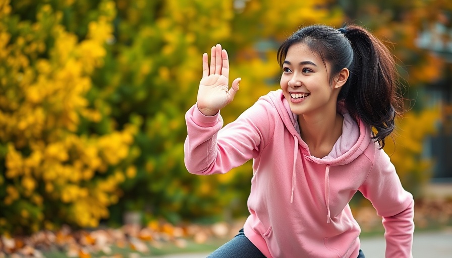 Woman performs lunge stretch on leafy driveway, vibrant autumn background.