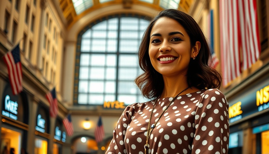 Confident woman at NYSE in polka dot blouse, vibrant setting.