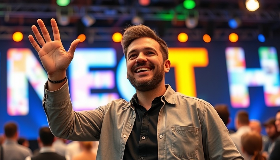 Man waving at iPhone 17 launch event with vibrant WWDC backdrop.