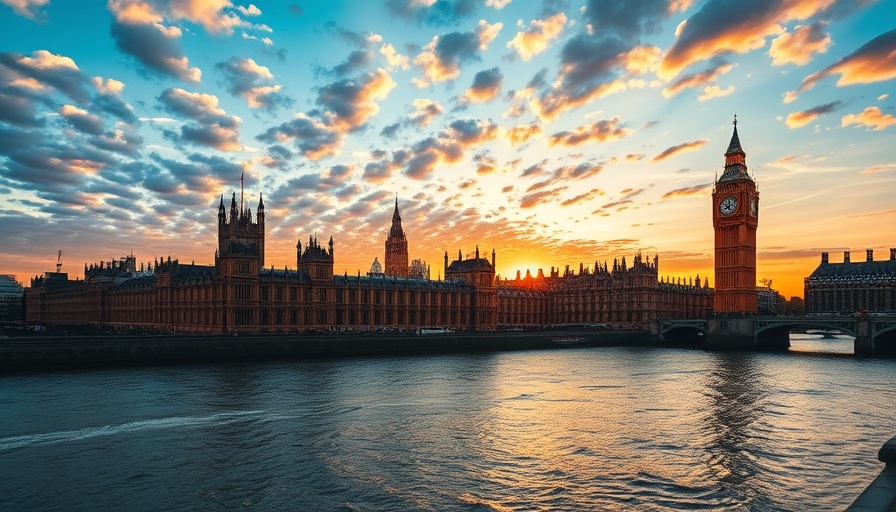 Houses of Parliament and Big Ben reflecting on Thames at sunset, dramatic sky.