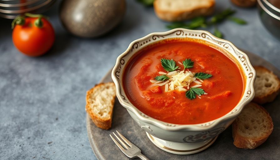 Delicious low-sodium tomato soup with fresh herbs and cheese.