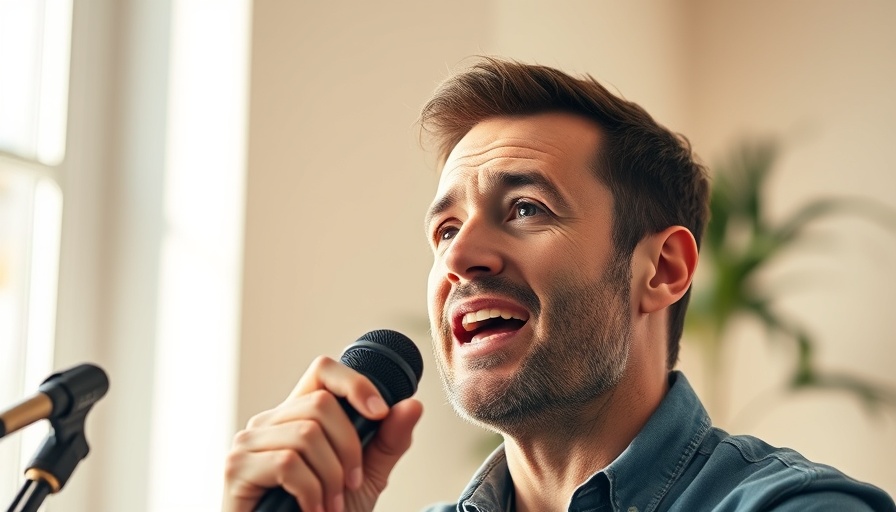 Confident man speaking into a microphone under soft natural lighting.