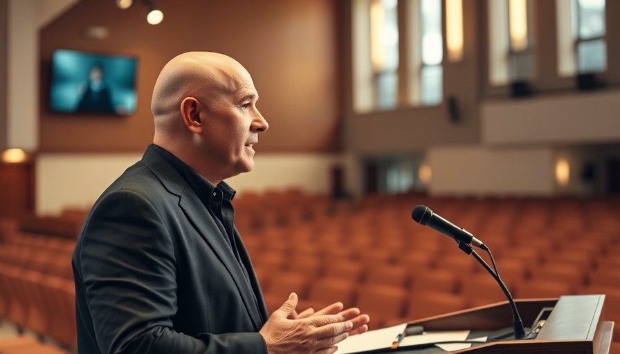 Pastor delivering sermon in English-speaking Evangelical church in Spain.