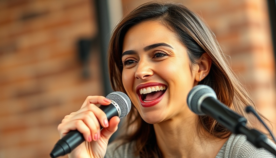 Brunette woman passionately speaking into a microphone, indoor.
