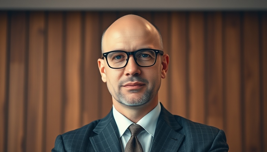 Bald man in suit standing confidently against wooden panel background.
