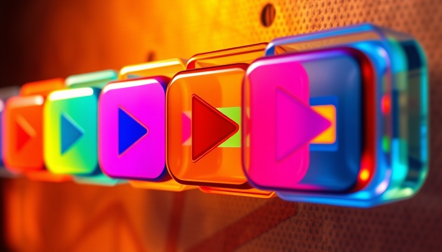 Colorful layers of video icons depict AI video generation for businesses.