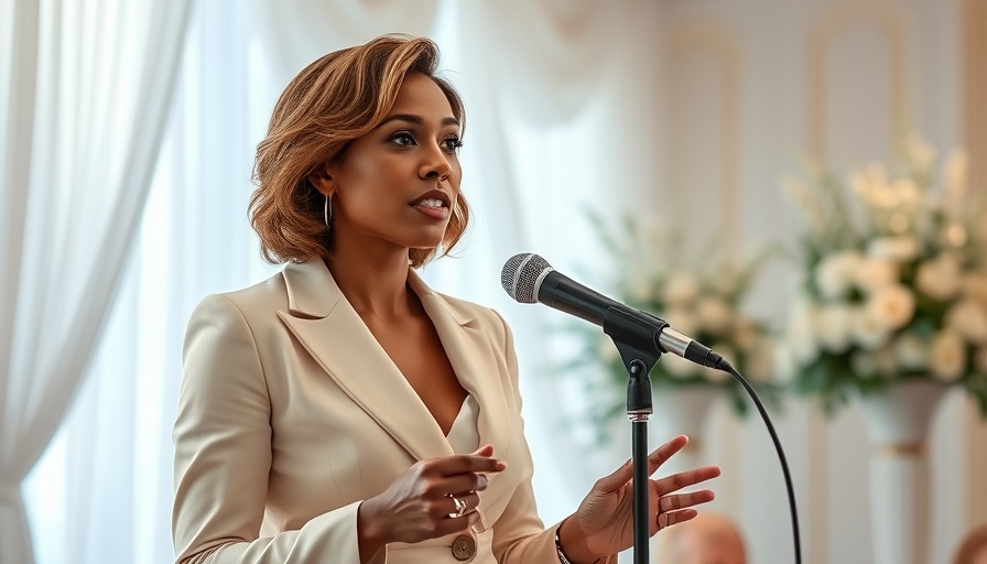 Confident woman in a suit speaking on stage about Being the Bummer Lamb.