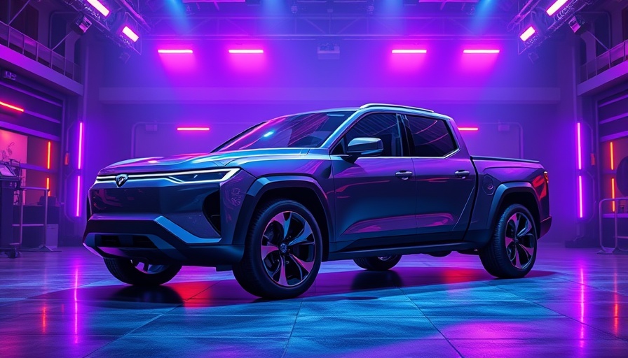 Sleek futuristic electric pickup truck under neon lights on stage.
