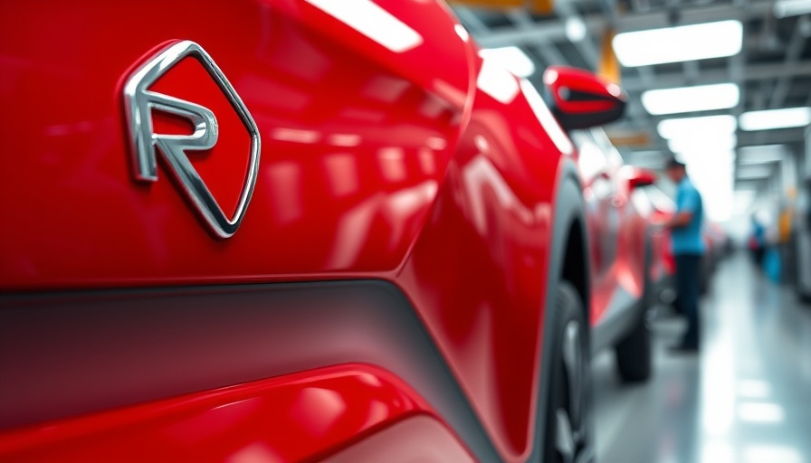 Close-up of red Rivian vehicle on assembly line, Rivian Highway Assist software issue.