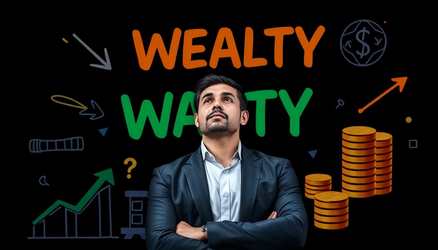 Confident man illustrated with wealth habits text and symbols in digital style.