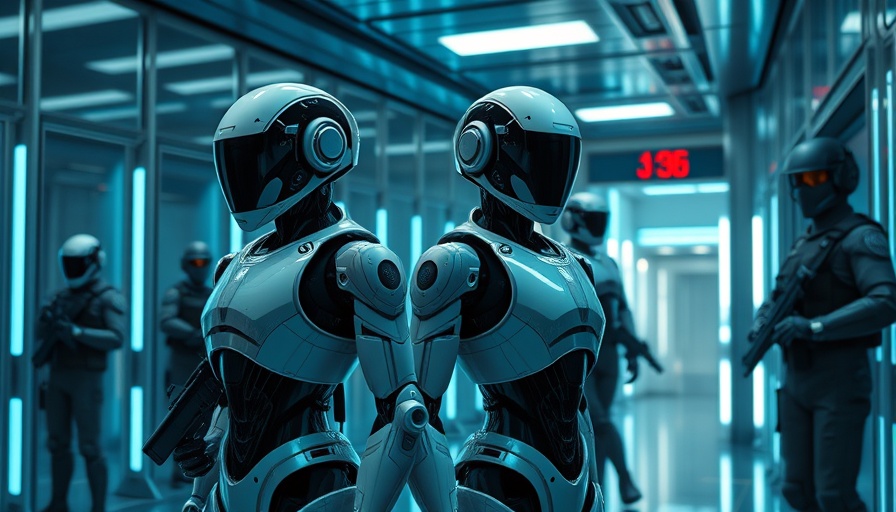 AI security investment in futuristic tech facility with robots and soldiers.