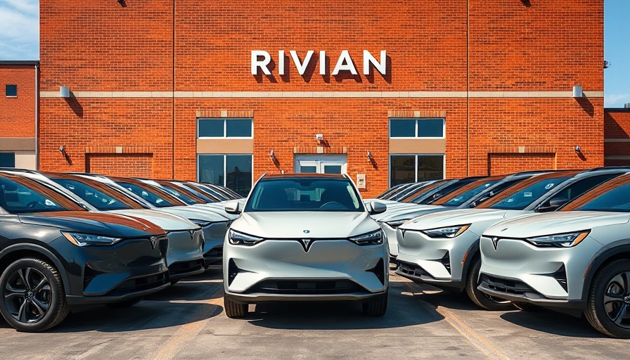 Front view of Rivian electric SUVs parked at Georgia plant.